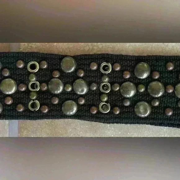 Belt- boho studded brown, black, gold canvas belt; length with buckle - 40” - Picture 3 of 4